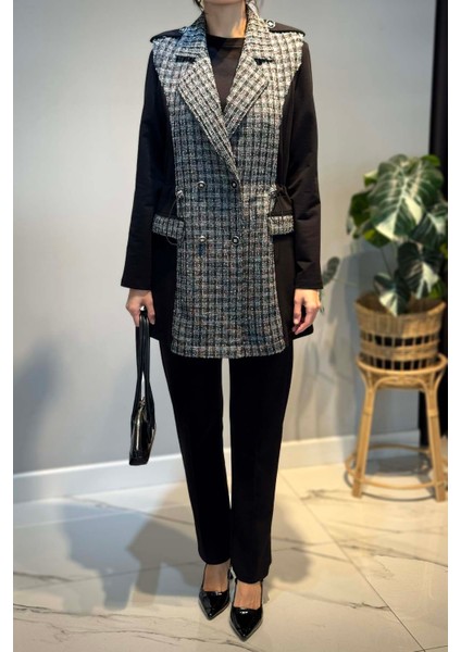 Kare Desen Kruvaze Yelekli 3'lü Takım 25149 Siyah