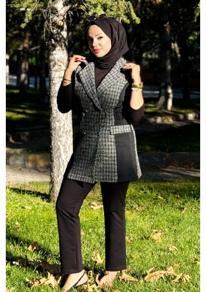 Kare Desen Kruvaze Yelekli 3'lü Takım 25149 Siyah indirimleri