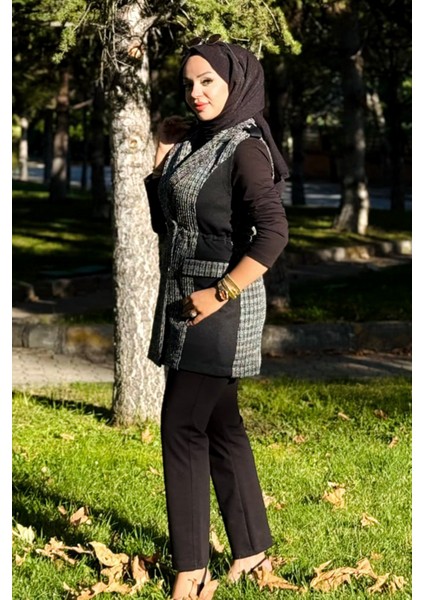 Kare Desen Kruvaze Yelekli 3'lü Takım 25149 Siyah