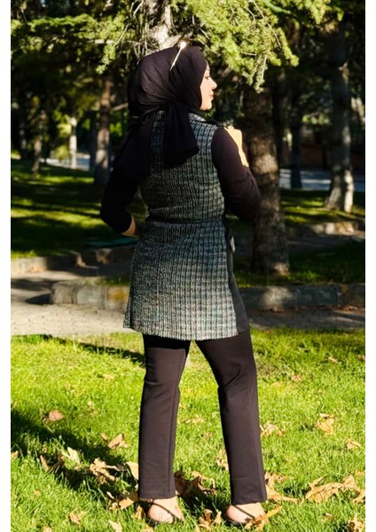 Kare Desen Kruvaze Yelekli 3'lü Takım 25149 Siyah