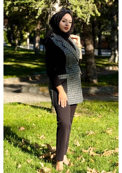 Kare Desen Kruvaze Yelekli 3'lü Takım 25149 Siyah