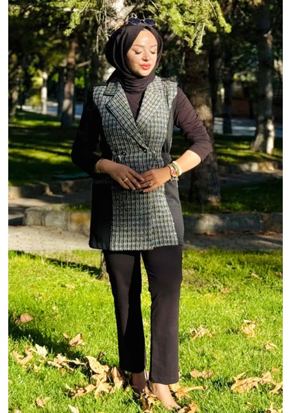 Kare Desen Kruvaze Yelekli 3'lü Takım 25149 Siyah