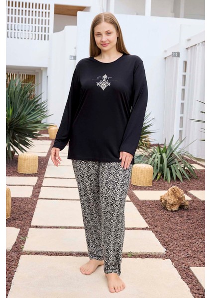 Büyük Beden Viskon Kadın Uzun Kol Pijama Takımı 250492 Siyah fiyatları