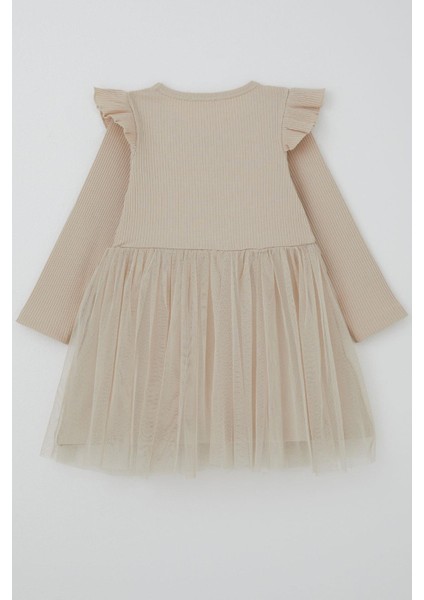 Kız Çocuk Uzun Kollu Elbise Omzu Fırfır Detaylı Fiyonklu 3-8 Yaş, Bej fiyatları