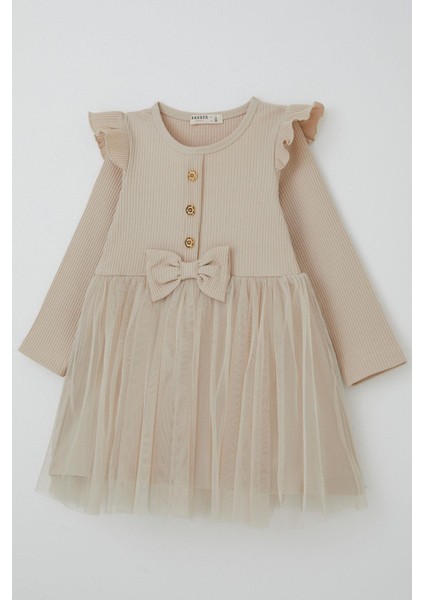 Kız Çocuk Uzun Kollu Elbise Omzu Fırfır Detaylı Fiyonklu 3-8 Yaş, Bej modelleri