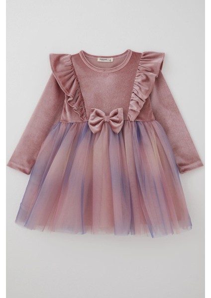 Kız Çocuk Uzun Kollu Kadife Elbise Fiyonk Aksesuarlı Tülü Detaylı 3-8 Yaş, Gülkurusu