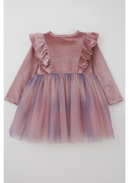 Kız Çocuk Uzun Kollu Kadife Elbise Fiyonk Aksesuarlı Tülü Detaylı 3-8 Yaş, Gülkurusu fiyatları