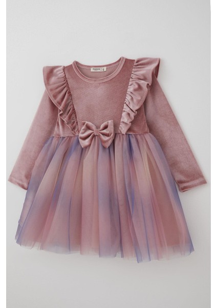 Kız Çocuk Uzun Kollu Kadife Elbise Fiyonk Aksesuarlı Tülü Detaylı 3-8 Yaş, Gülkurusu modelleri