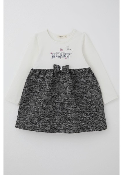 Kız Çocuk Uzun Kollu Elbise Kelebekli Yazı Baskılı Fiyonk Detaylı 2-6 Yaş, Ekru