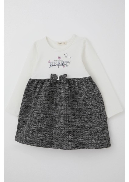 Kız Çocuk Uzun Kollu Elbise Kelebekli Yazı Baskılı Fiyonk Detaylı 2-6 Yaş, Ekru modelleri