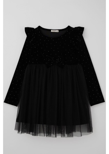 Kız Çocuk Uzun Kollu Kadife Elbise Taş Aksesuar Detaylı Tüllü 4-8 Yaş, Siyah