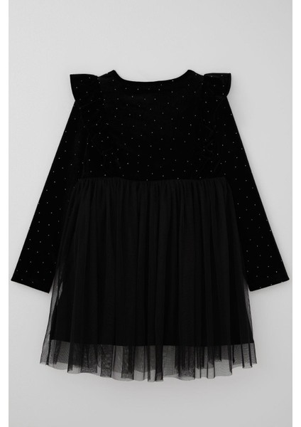 Kız Çocuk Uzun Kollu Kadife Elbise Taş Aksesuar Detaylı Tüllü 4-8 Yaş, Siyah fiyatları