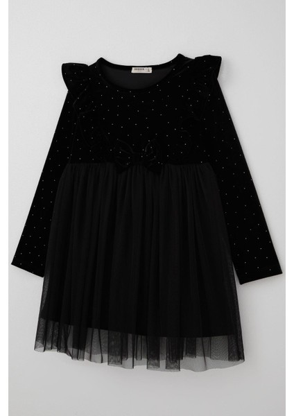 Kız Çocuk Uzun Kollu Kadife Elbise Taş Aksesuar Detaylı Tüllü 4-8 Yaş, Siyah modelleri