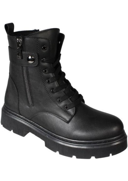 Yazkış Kadın Siyah Ten Cilt Yandan Fermuarlı 15CM Bilek Boyu 4cm Kalın Taban Termo Taban Postal Bot
