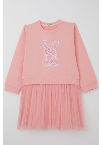 Kız Çocuk Uzun Kollu Elbise Sevimli Fiyonklu Kalpli Tavşancık Baskılı 4-9 Yaş, Pembe