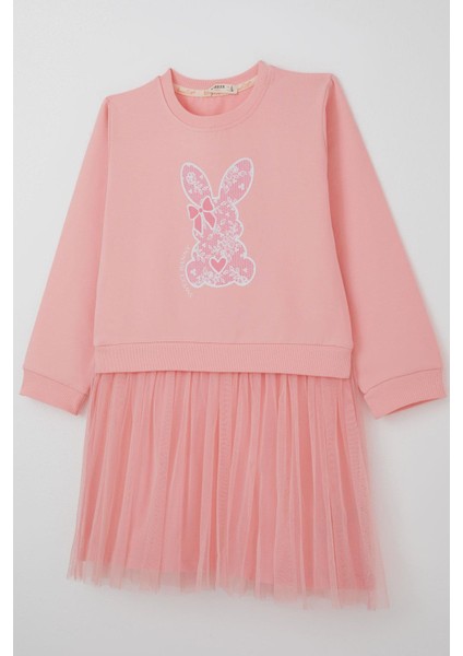 Kız Çocuk Uzun Kollu Elbise Sevimli Fiyonklu Kalpli Tavşancık Baskılı 4-9 Yaş, Pembe modelleri