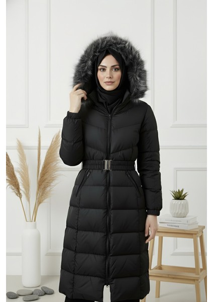 Kadın Kapüşonlu Kemerli Şişme Mont