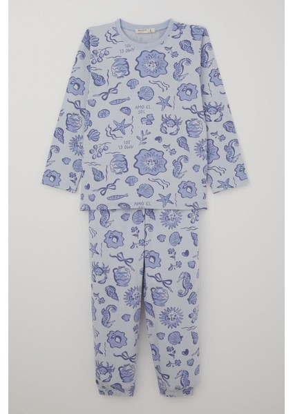 Kız Çocuk Pijama Takımı Güneşli Deniz Masalı 4-8 Yaş, Açık Mavi