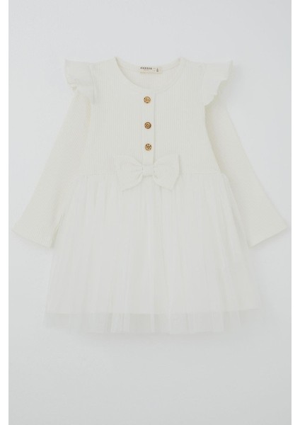 Kız Çocuk Uzun Kollu Elbise Omzu Fırfır Detaylı Fiyonklu 3-8 Yaş, Ekru
