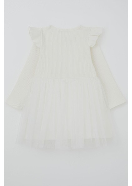 Kız Çocuk Uzun Kollu Elbise Omzu Fırfır Detaylı Fiyonklu 3-8 Yaş, Ekru fiyatları