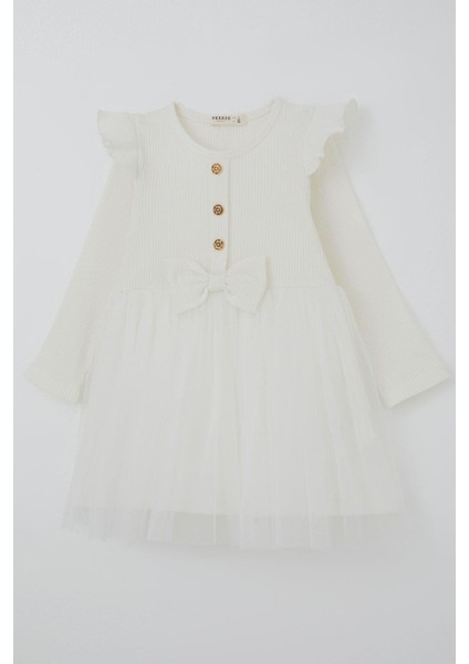 Kız Çocuk Uzun Kollu Elbise Omzu Fırfır Detaylı Fiyonklu 3-8 Yaş, Ekru modelleri