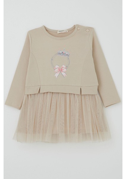 Kız Çocuk Uzun Kollu Elbise Taçlı Kalp Masalı 2-6 Yaş, Bej