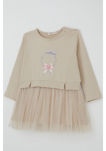 Kız Çocuk Uzun Kollu Elbise Taçlı Kalp Masalı 2-6 Yaş, Bej modelleri