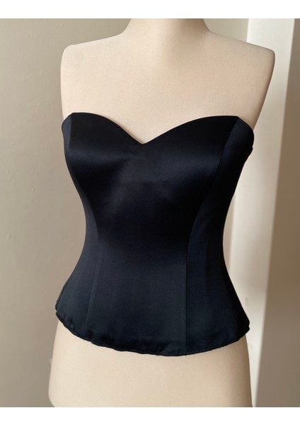 Siyah Saten Korse Bağcıklı-Büstiyer