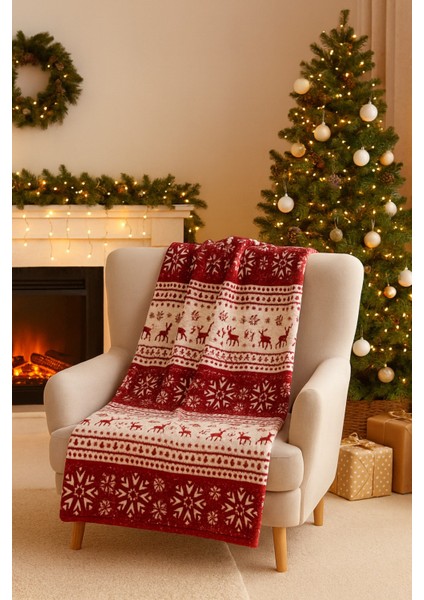 Berfu Kadife Bordo-Kırmızı Yılbaşı Desenli Tv Battaniyesi Tek Kişilik Polar Battaniye Koltuk Şalı