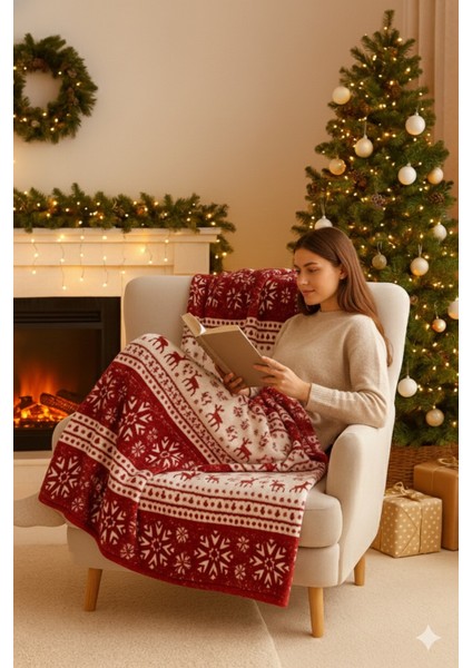 Berfu Kadife Bordo-Kırmızı Yılbaşı Desenli Tv Battaniyesi Tek Kişilik Polar Battaniye Koltuk Şalı fiyatları