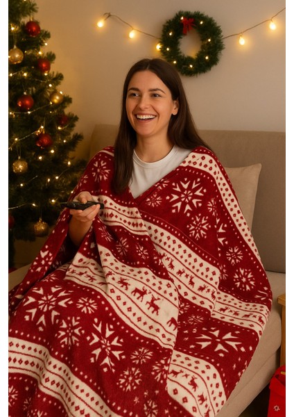 Berfu Kadife Bordo-Kırmızı Yılbaşı Desenli Tv Battaniyesi Tek Kişilik Polar Battaniye Koltuk Şalı fırsatları