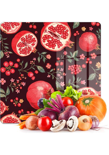 Cam Kesme Tahtası ve Sunumluk Kare Nar Desenli 30 x 30 cm