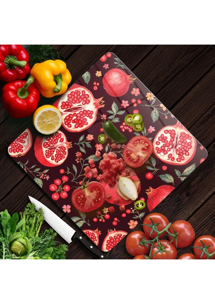 Cam Kesme Tahtası ve Sunumluk Kare Nar Desenli 30 x 30 cm modelleri