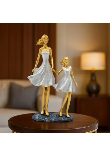 Dekoratif Anne ve Kız El Ele Aile Model - Gold ve Beyaz Renk