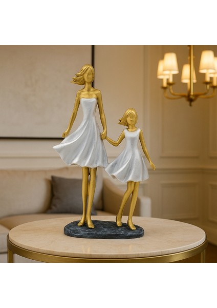 Dekoratif Anne ve Kız El Ele Aile Model - Gold ve Beyaz Renk fırsatları