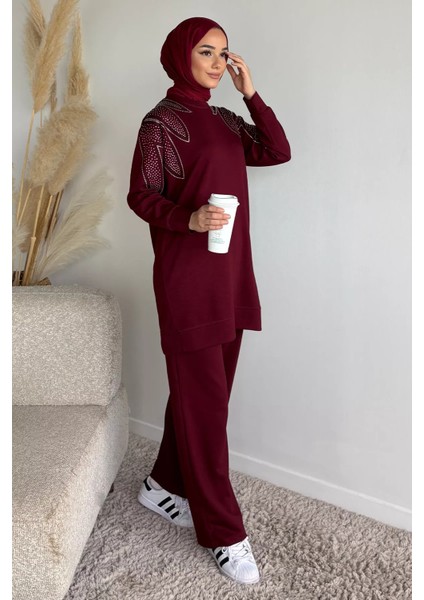 Bisiklet Yaka Taş Işlemeli Tunik Bel Lastikli Pantolon Tesettür Ikili Takım P-00019653