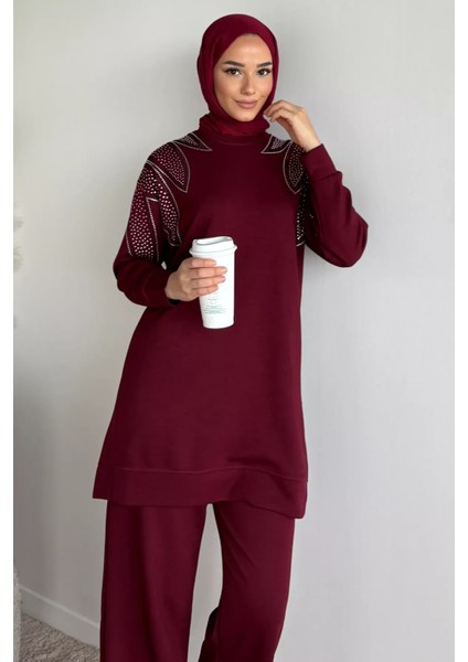 Bisiklet Yaka Taş Işlemeli Tunik Bel Lastikli Pantolon Tesettür Ikili Takım P-00019653 fiyatları