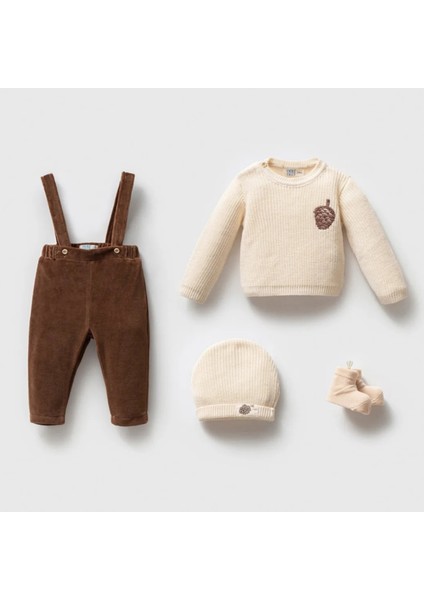 Erkek Bebek Kışlık Kutulu Hediye Seti / Örgü Kazak Kadife Askılı Pantolon 4'lü Takım 284426