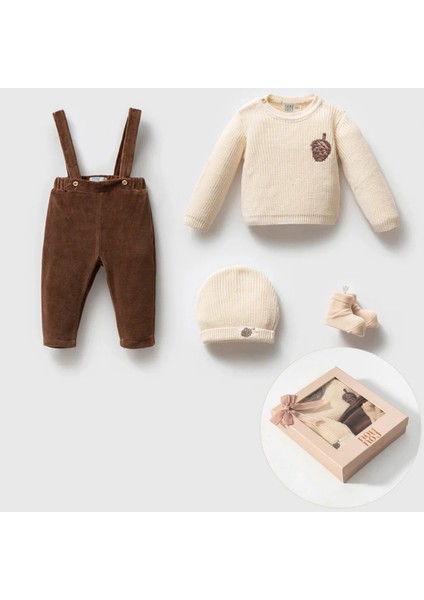 Erkek Bebek Kışlık Kutulu Hediye Seti / Örgü Kazak Kadife Askılı Pantolon 4'lü Takım 284426 fiyatları