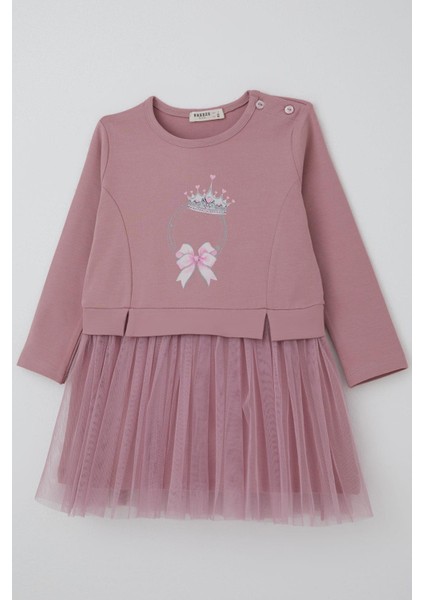 Kız Çocuk Uzun Kollu Elbise Taçlı Kalp Masalı 2-6 Yaş, Gülkurusu modelleri