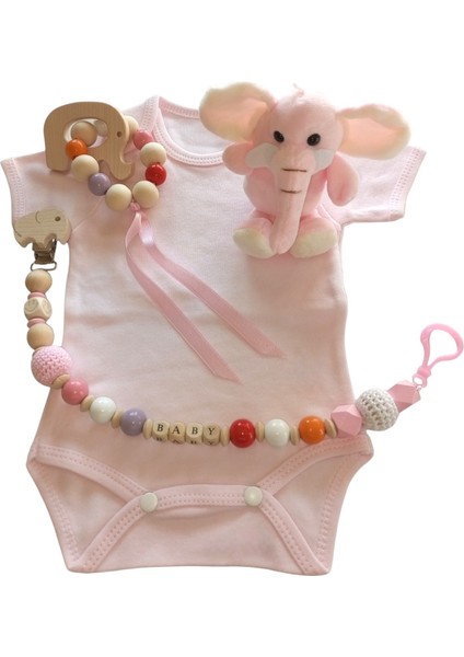 Hoşgeldin Bebek, Yenidoğan Kız Bebek, Pembe Fil Temalı , Isimli Emzik Askısı Hediye Seti fiyatları