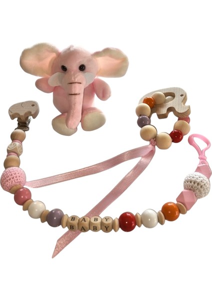 Hoşgeldin Bebek, Yenidoğan Kız Bebek, Pembe Fil Temalı , Isimli Emzik Askısı Hediye Seti fırsatları