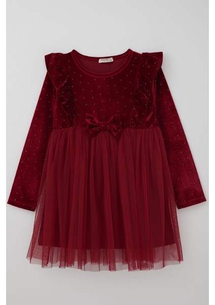Kız Çocuk Uzun Kollu Kadife Elbise Taş Aksesuar Detaylı Tüllü 4-8 Yaş, Bordo