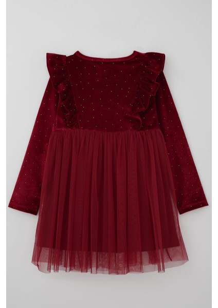 Kız Çocuk Uzun Kollu Kadife Elbise Taş Aksesuar Detaylı Tüllü 4-8 Yaş, Bordo fiyatları