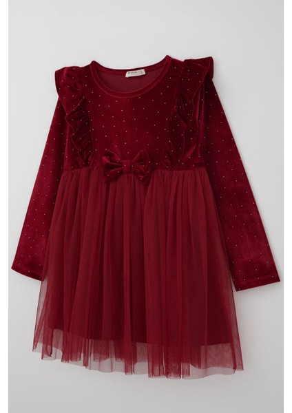Kız Çocuk Uzun Kollu Kadife Elbise Taş Aksesuar Detaylı Tüllü 4-8 Yaş, Bordo modelleri