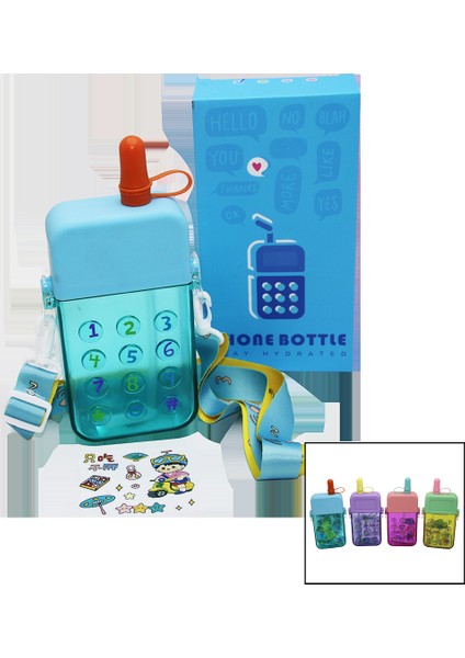 Telefon Modeli Renkli Mika Kristal Suluk Matara Pipetli - Vidalı Kapak - Askılı 300ML (5264)