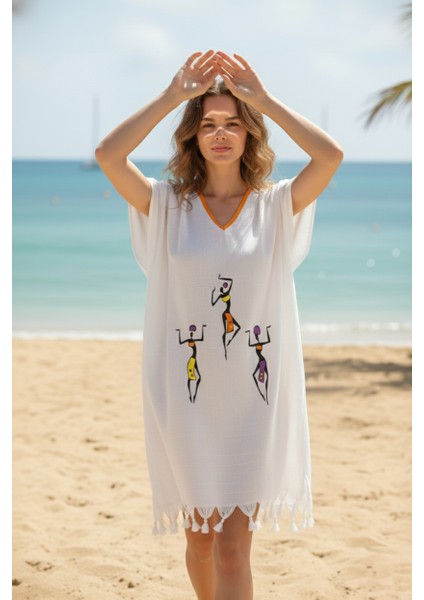 Plaj Elbisesi Viskon Pamuk Turuncu Biyeli Africa Desen L- Xl