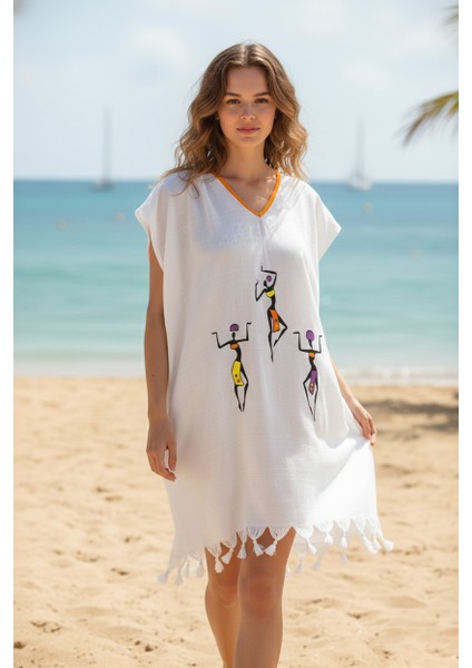 Plaj Elbisesi Viskon Pamuk Turuncu Biyeli Africa Desen L- Xl modelleri