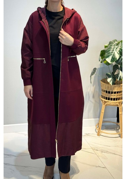 Önden Patlı Cepleri Fermuarlı Kapüşonlu Dubai Garnili Çelik Kap Ceket 6811 Bordo modelleri