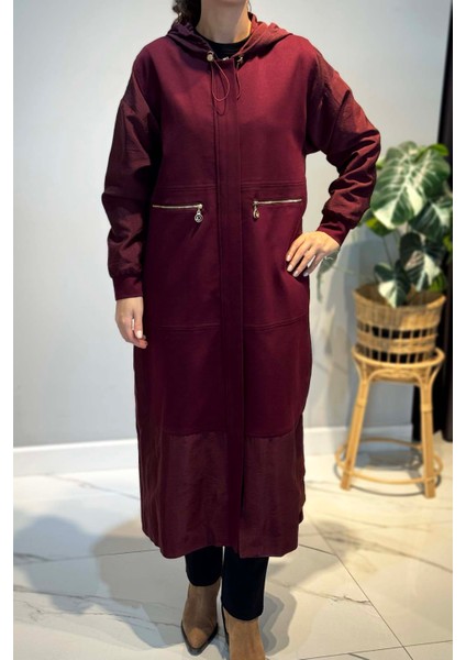 Önden Patlı Cepleri Fermuarlı Kapüşonlu Dubai Garnili Çelik Kap Ceket 6811 Bordo indirimleri